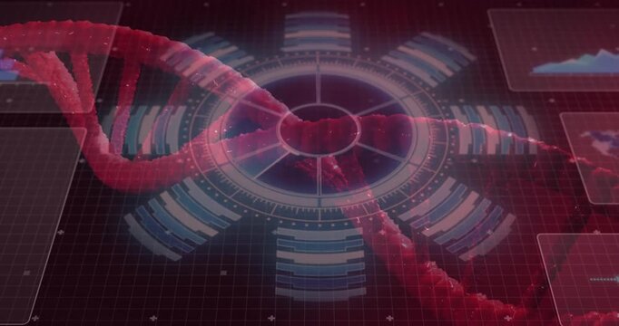 Magenta-red helix entering left, rotating and sweeping hub, animating rings and visualizing data - Powered by Adobe