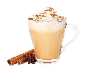 Tasty pumpkin latte with whipped cream and spices isolated on white
