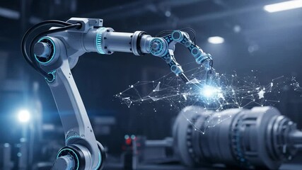 Robotic arm with glowing digital network in a factory setting - Powered by Adobe