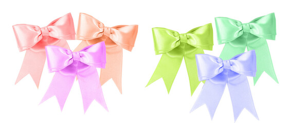 photograph of six colorful satin silk gift bows isolated on a transparent background, featuring pastel pink, peach, violet, mint green, and baby blue colors for celebration decor.