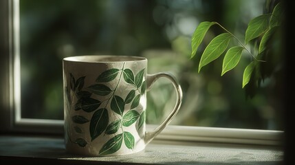 Gentle Morning: A Cup of Botanical Bliss on a Windowsill Bathed in Soft Light