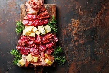 festive charcuterie board styled as Christmas tree, layers of cured meat and cheese cubes, rosemary sprigs, rustic wooden board, top view, dark background, lay out, holiday flat lay with copy space.