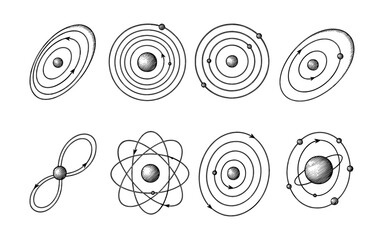 Set of hand-drawn atomic models with orbit and structure diagrams
