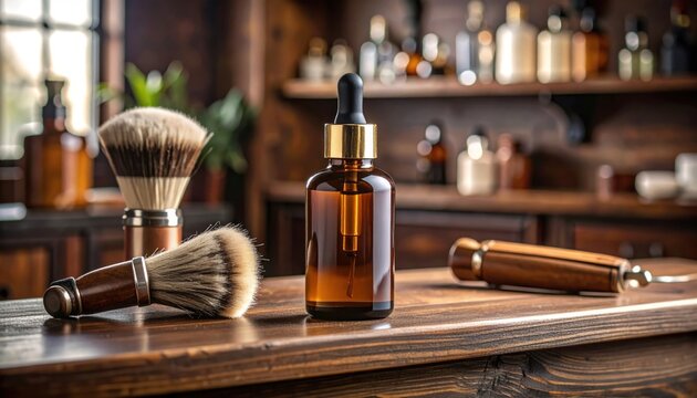 Barber shop essentials shaving brushes with oil bottle on wooden counter.