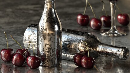 Elegant Arrangement of Silver Bottles, Cherries, and Glassware with Dark Background, Rich Tones