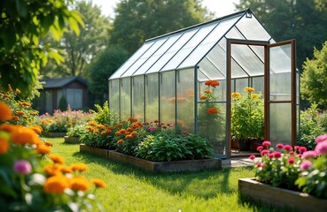 Modern polycarbonate greenhouse sits in lush garden full of blooming flowers. Transparent structure has open door revealing plants. Sun shines on green lawn and vibrant flowerbeds. Outdoor scene.