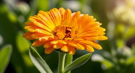Vibrant calendula flower with water droplets illuminated by golden sunlight in a garden setting
