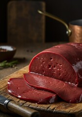 Rustic preparation of sliced raw liver on a wooden board showcasing rich color and texture