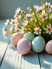 perspective delicate floral arrangement amidst intricately placed easter eggs weathered gray wooden surface