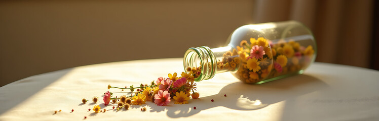 wildflowers spilling vintage glass bottle onto two elegant wine glasses warm beige tablecloth illuminated soft