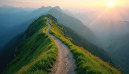 Winding dirt path on green mountain ridge extends far ahead. Layers of distant mountains fade in blue haze. Golden sun rises, casts warm morning light. Majestic peaceful scenic nature landscape for