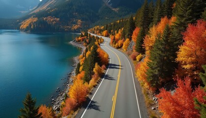 Winding road curves along blue mountain lake. Vibrant autumn trees with orange, red, yellow leaves line shore. Green pine forests cover steep slopes. Scenic fall nature view offers travel inspiration.