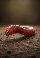 Detailed Macro Shot of a Red Millipede Curled Up on a Textured Earthy Surface