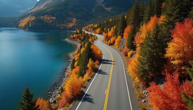 Winding road curves along blue mountain lake. Vibrant autumn trees with orange, red, yellow leaves line shore. Green pine forests cover steep slopes. Scenic fall nature view offers travel inspiration.