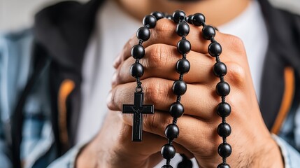 Hands holding black rosary beads in prayer gesture – spirituality and faith concept