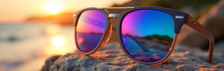 sleek sunglasses iridescent holographic lenses shifting deep violet cobalt blue set soft focus blurred