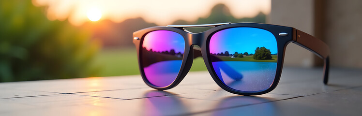 sleek sunglasses iridescent holographic lenses shifting deep violet cobalt blue set soft focus blurred