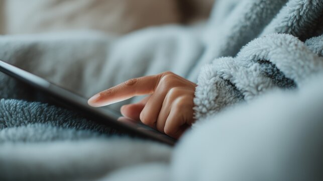 Hand using digital tablet under soft cozy blanket – comfort, relaxation and home lifestyle concept