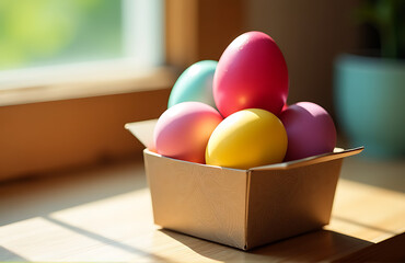 multicolored easter eggs stacked haphazardly within small intricately patterned cardboard gift box illuminated soft warm