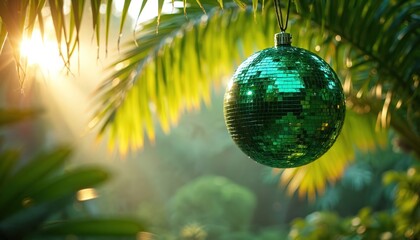 Fototapeta premium Green disco ball hangs on palm tree branch in tropical garden. Sunlight shines through lush leaves creating festive mood. Exotic party decor at paradise location.