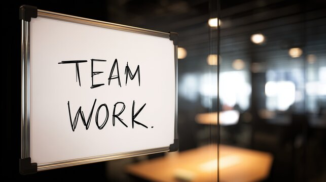 Teamwork message on whiteboard in modern office – collaboration, business motivation and corporate communication concept