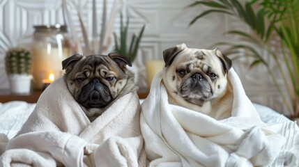 Obraz premium Two pugs wrapped in white towels sit together in a cozy indoor setting. Green plants and candles are visible in the background.