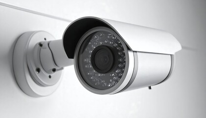 White security camera mounted on a bright white wall, facing left