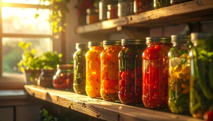 A sunlit shelf lined with glass jars filled with vibrant, colorful pickled fruits and vegetables