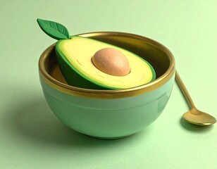 Avocado half in bowl with spoon, stylized, green backdrop