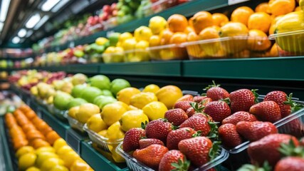 Fresh vibrant fruits lining supermarket shelves enticing shoppers with healthy options for nutritious meals and snacks beautifully displayed