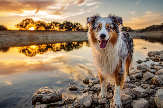 A beautiful Australian shepherd with blue eyes stands on the bank of a river or lake with a picturesque sunset landscape
