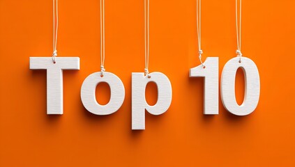 Artistic Top 10 Letters Hanging From String On Orange Background Celebration Concept