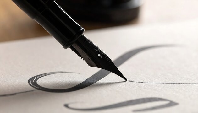 A black fountain pen tip draws elegant letter on textured paper, soft shadows and ink in background - Powered by Adobe