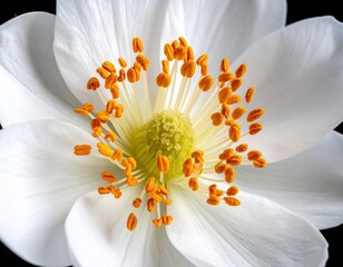 Anemone closeup, bright white petals & yellow-orange stamens