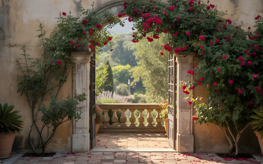 Romantic Mediterranean Stone Archway with Red Roses and Sunlit Balcony Garden Backdrop