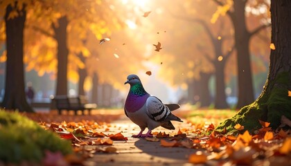 A pigeon stands on a path lined with fallen leaves in an autumnal park with light filtering through the trees