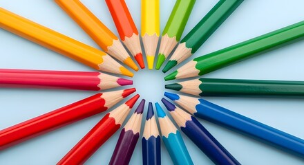 Colorful group of wooden color pencils arranged on a blue background suitable for art and school use