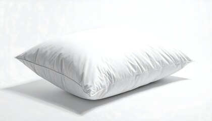 A soft, white pillow rests on a white surface, casting a subtle shadow, against a blurred, white background