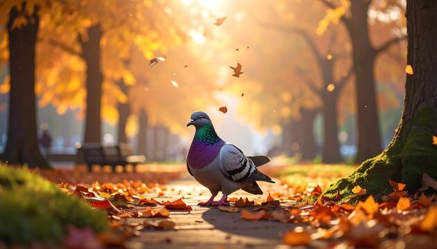 A pigeon stands on a path lined with fallen leaves in an autumnal park with light filtering through the trees