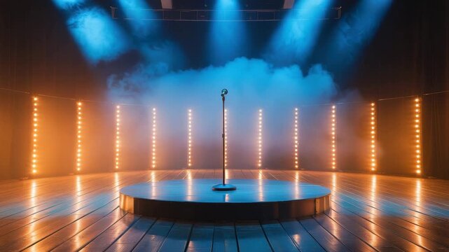 Captivating stage ready for a dynamic performance and memorable event featuring dramatic lighting and atmospheric smoke, poised for music and theatre