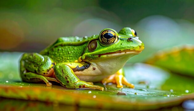 A vibrant green frog sits on a lily pad, its golden eyes catching the light amidst a soft, blurred background