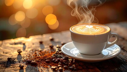A steaming latte with latte art on a wooden surface surrounded by coffee beans and bokeh lights in the background