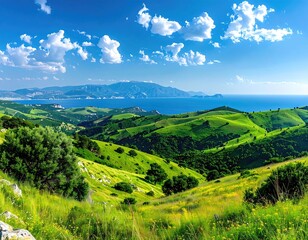 Verdant hills cascade to ocean under a brilliant sky