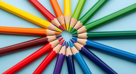 Colorful group of wooden color pencils arranged on a blue background suitable for art and school use