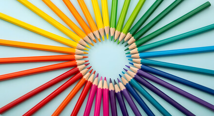 Colorful group of wooden color pencils arranged on a blue background suitable for art and school use