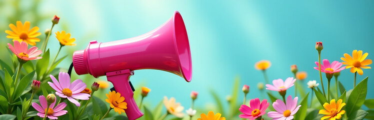 vibrant pink megaphone surrounded lush greenery array colorful summer flowers set soft serene pastel