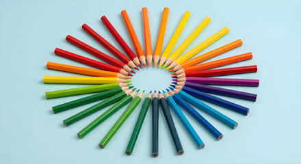 Colorful group of wooden color pencils arranged on a blue background suitable for art and school use
