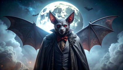 Anthropomorphic bat in suit before full moon, cape flapping amidst cloudy, smoky skies, two bats flying above