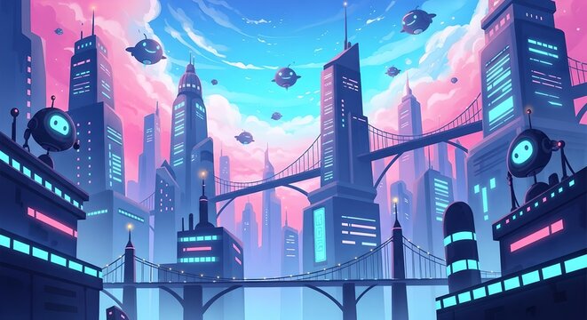 Colorful neon fantasy city with floating bridges, friendly robots, and dreamy lights designed for playful storybook scenes.