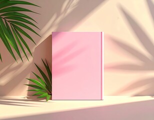 Pink book on soft surface with leaf shadows, serene